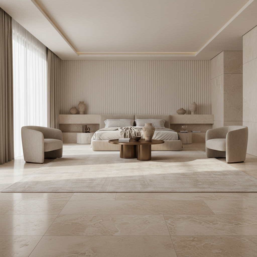 Luxuriöser Teppich in Beige mit Goldakzenten und moderner Einrichtung _