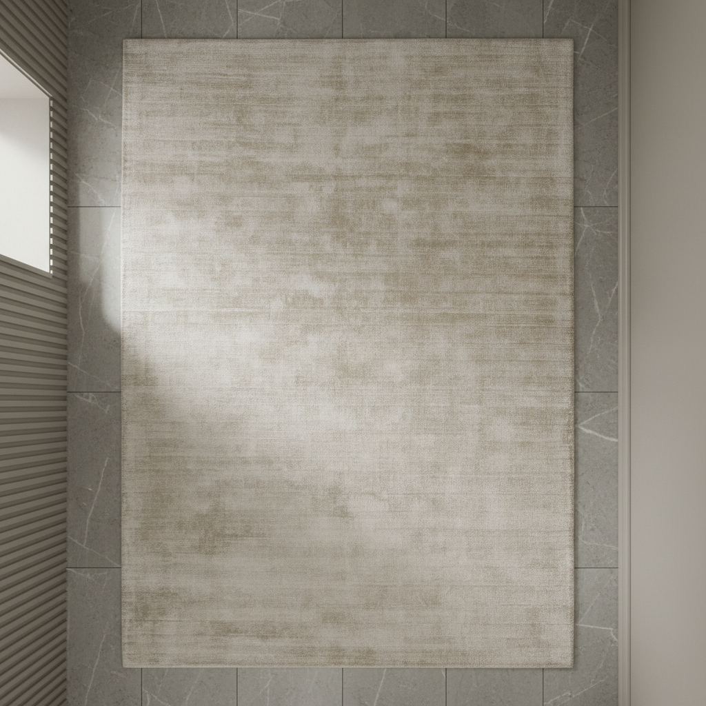 Luxuriöser Teppich in Beige mit Goldakzenten und moderner Einrichtung _