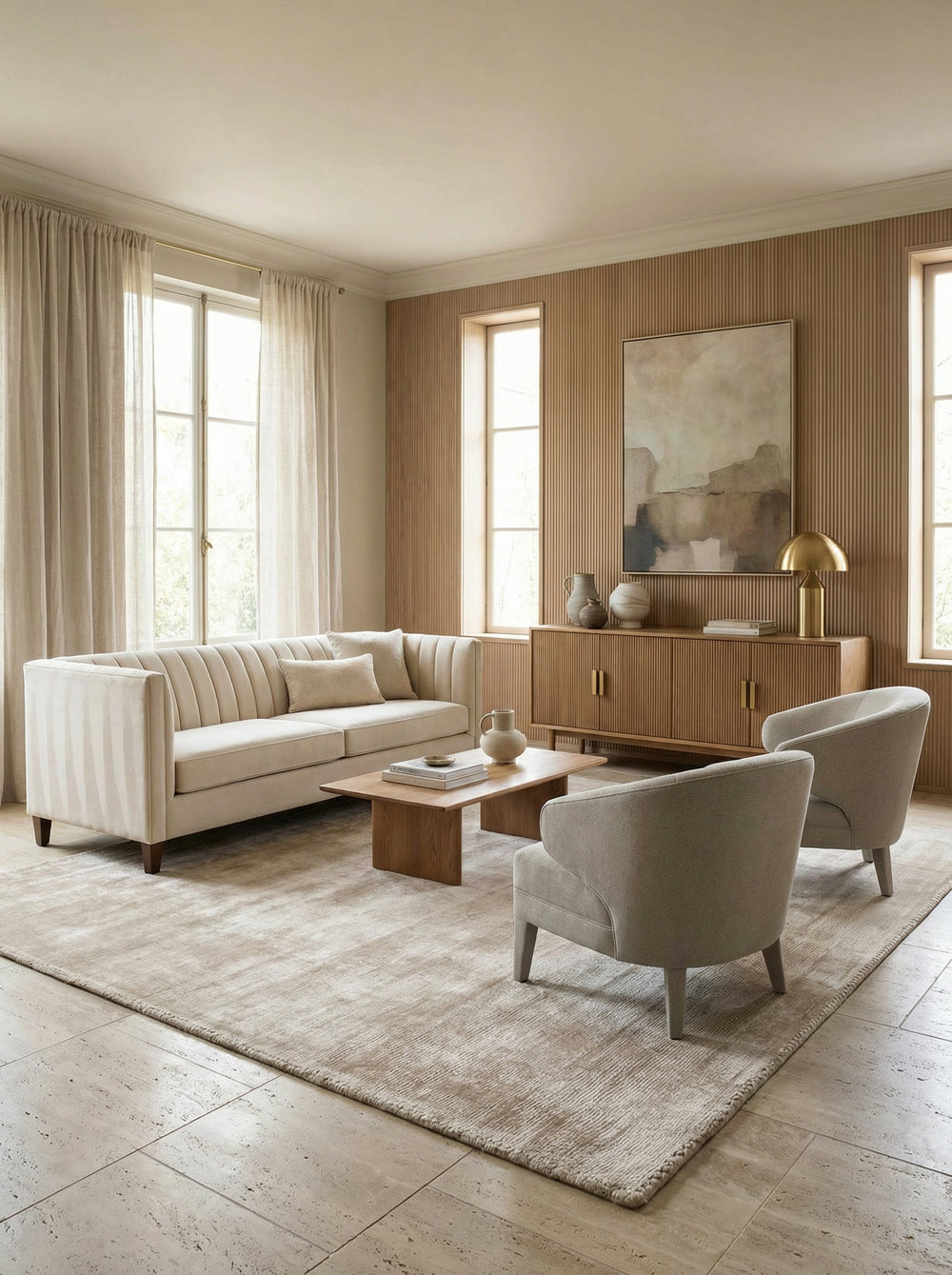 Luxuriöser Teppich in Beige mit Goldakzenten und moderner Einrichtung _