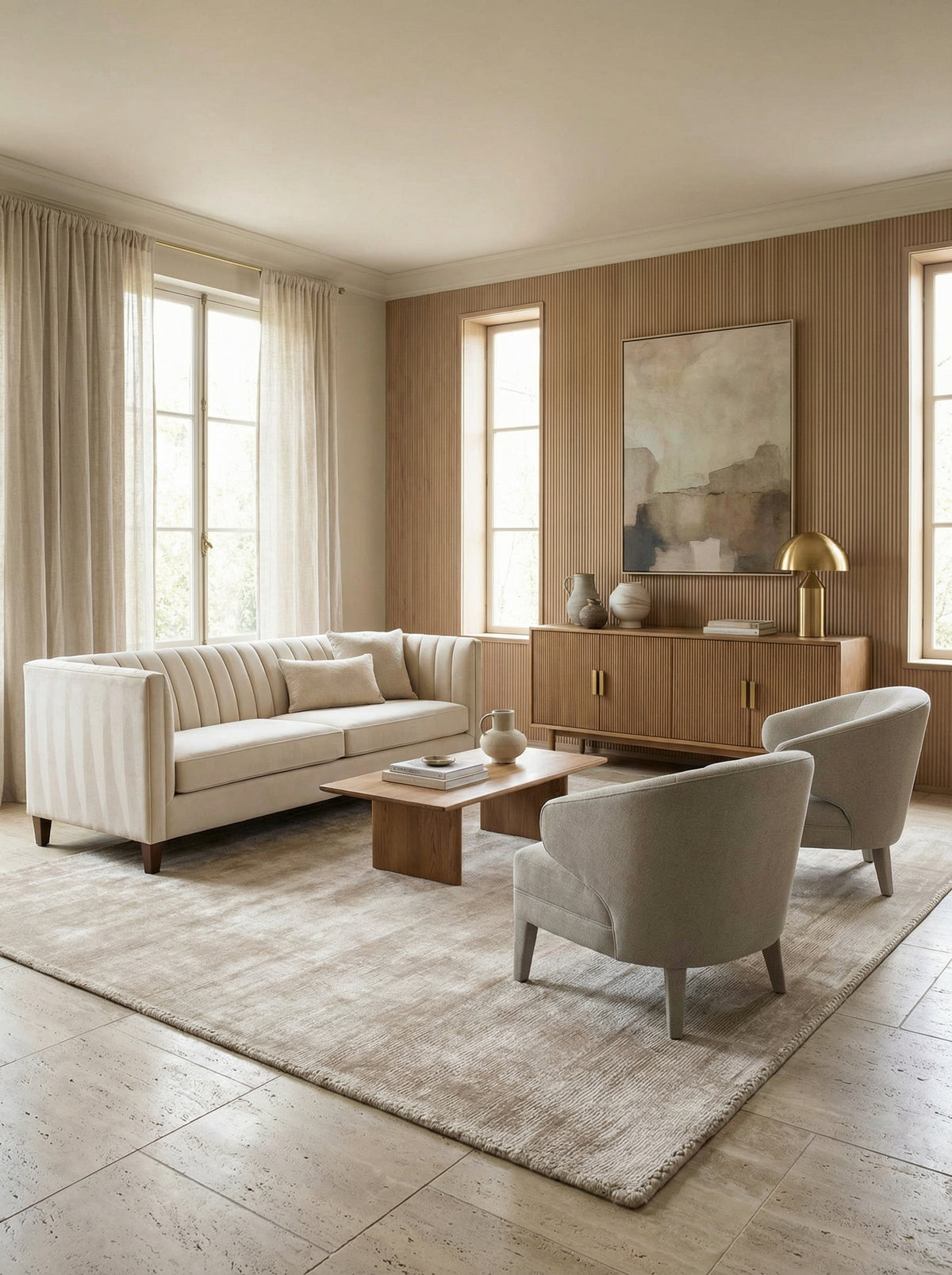 Luxuriöser Teppich in Beige mit Goldakzenten und moderner Einrichtung _