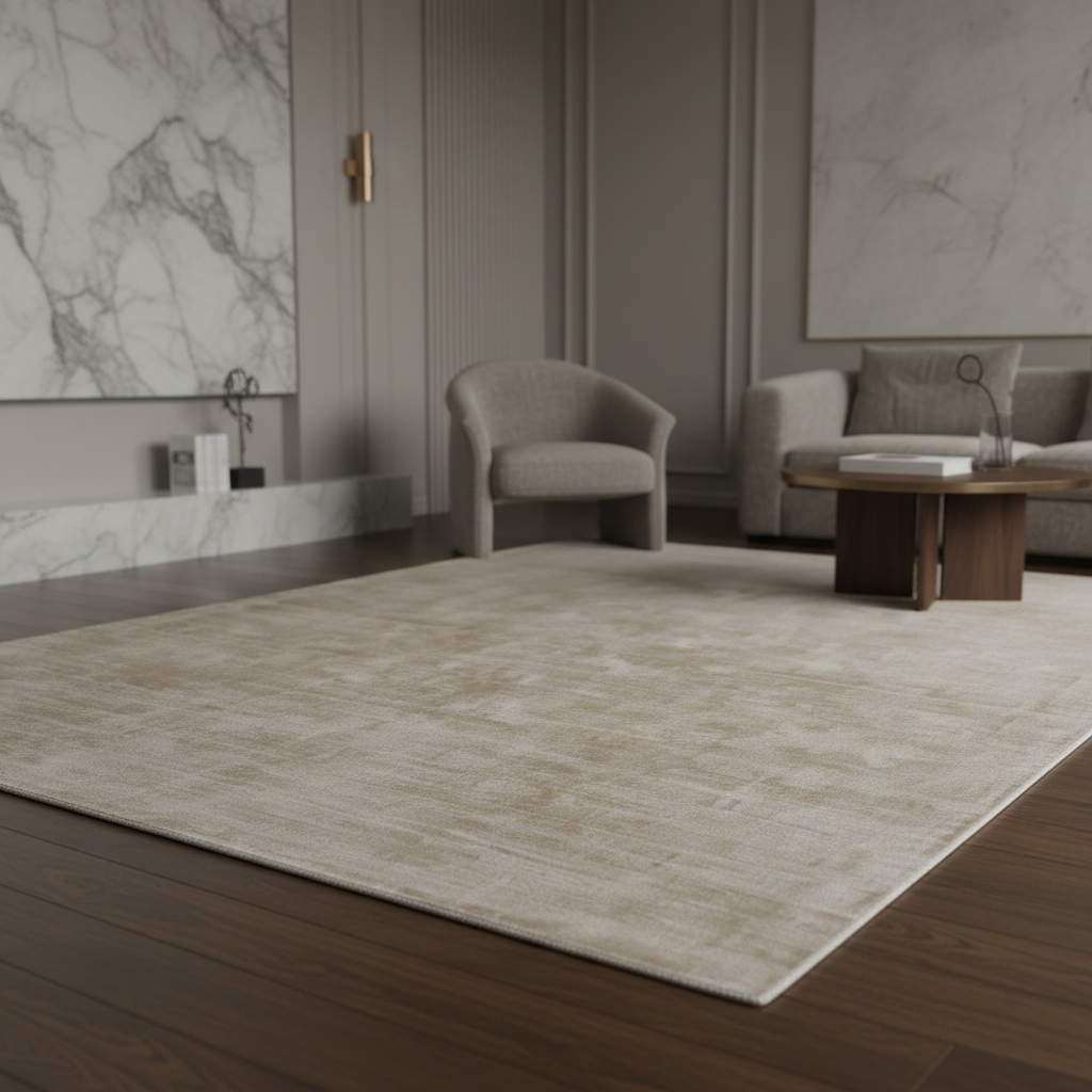 Luxuriöser Teppich in Beige mit Goldakzenten und moderner Einrichtung _