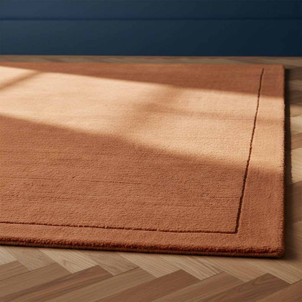 Nahaufnahme eines handgewebten terracottafarbenen Teppichs mit Rippenstruktur in einem luxuriösen Interieur_