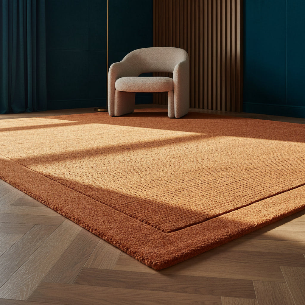 Nahaufnahme eines handgewebten terracottafarbenen Teppichs mit Rippenstruktur in einem luxuriösen Interieur_