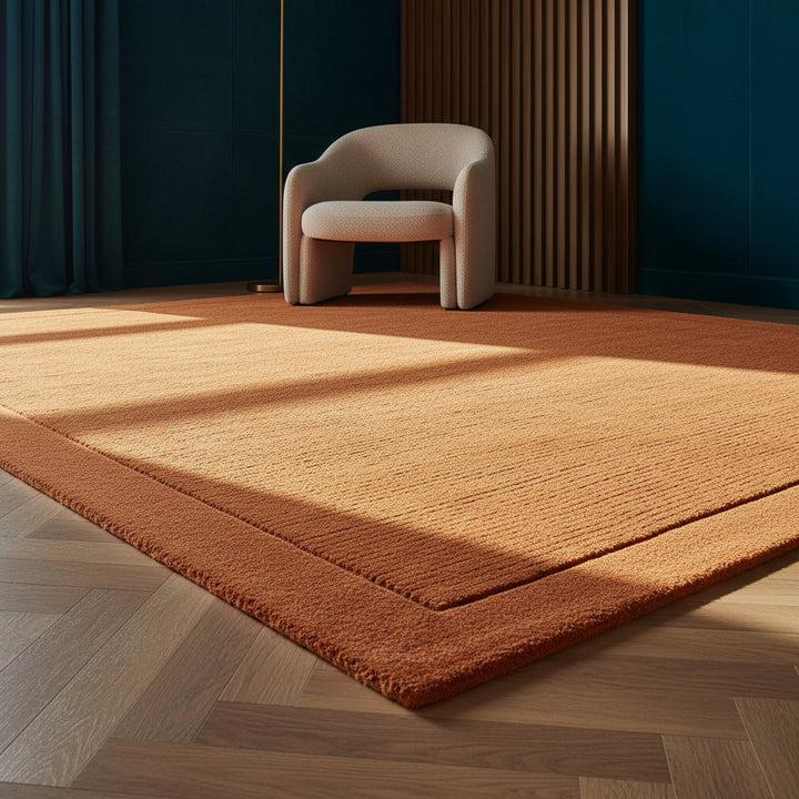 Nahaufnahme eines handgewebten terracottafarbenen Teppichs mit Rippenstruktur in einem luxuriösen Interieur_