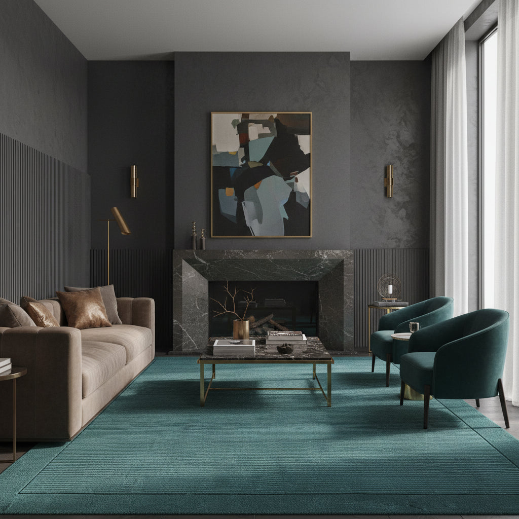 Moderner teal-farbener Teppich auf dunklem Parkett vor einer dunkelblauen Wand_