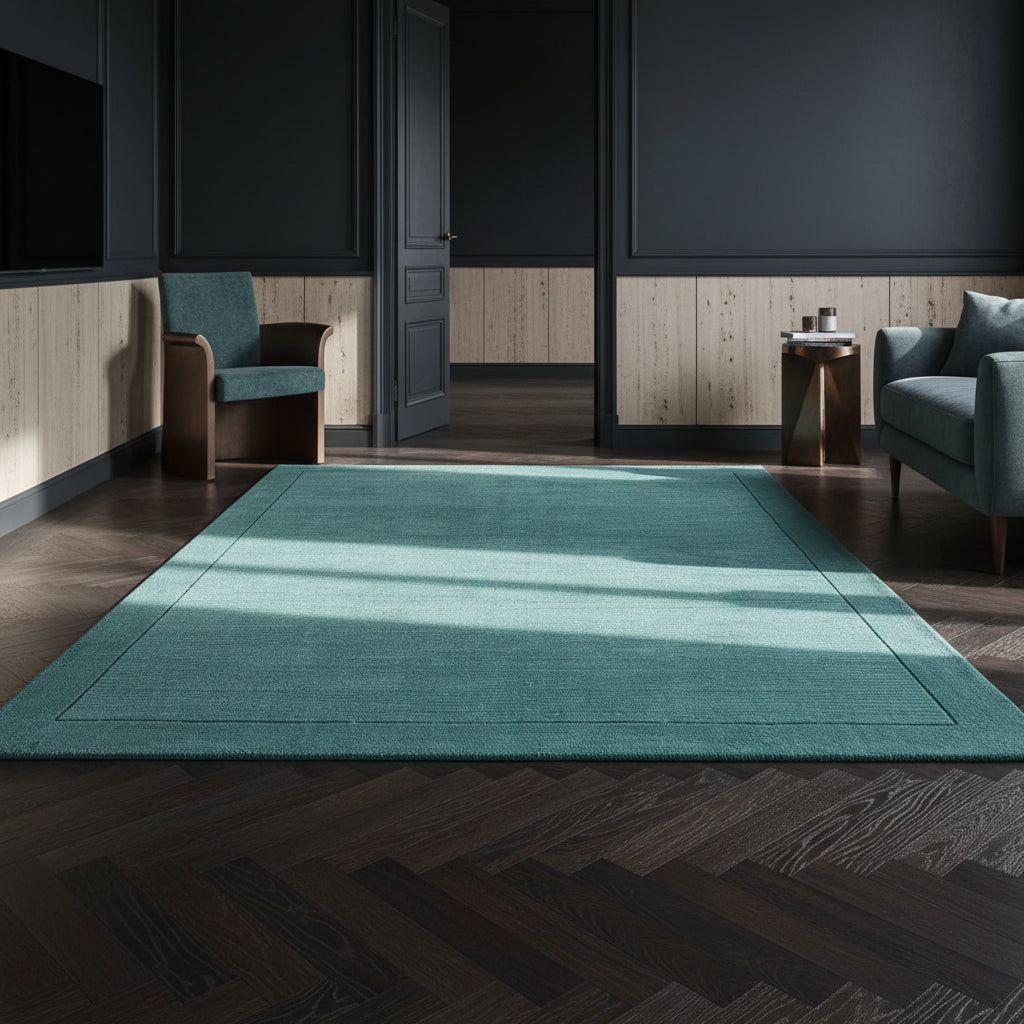 Moderner teal-farbener Teppich auf dunklem Parkett vor einer dunkelblauen Wand_