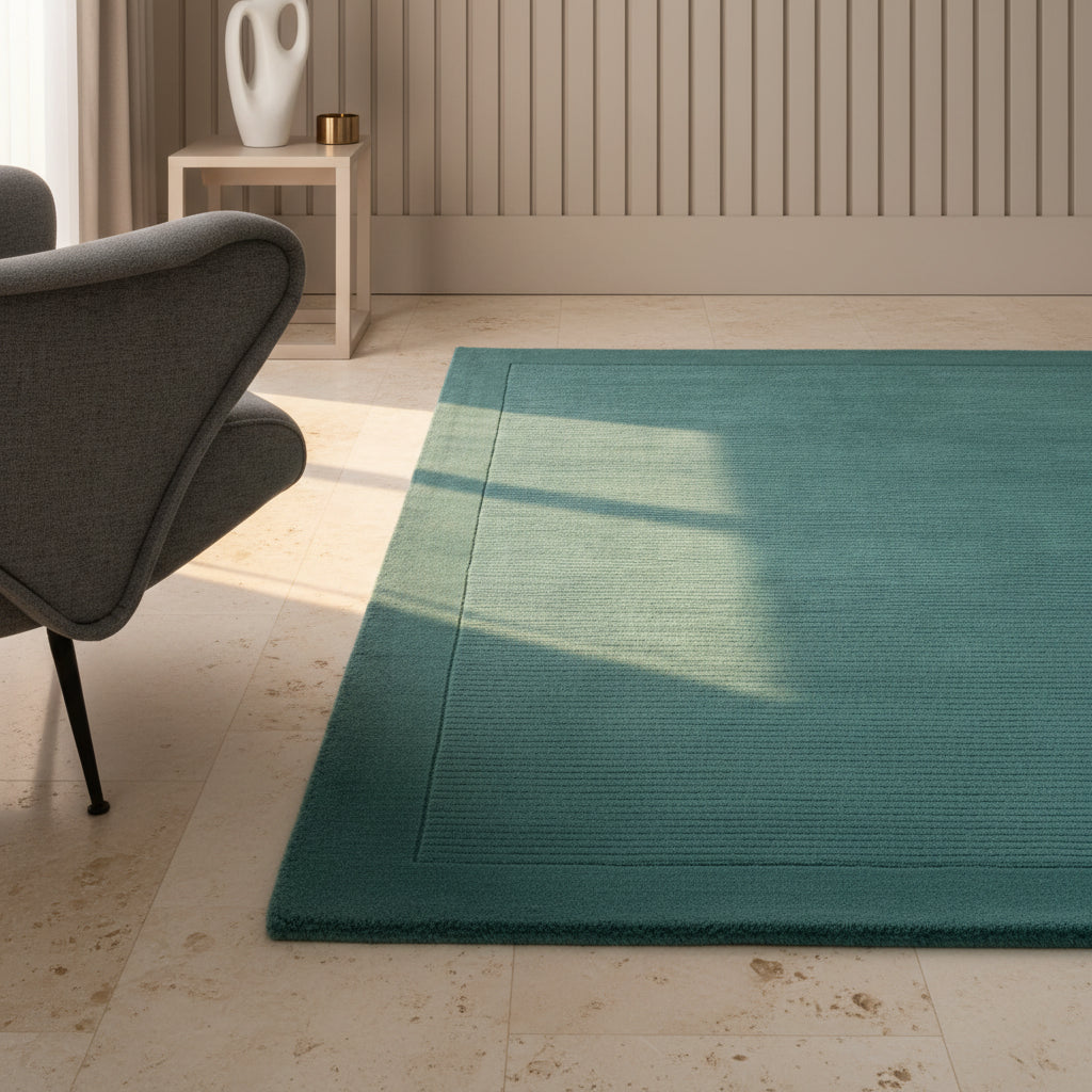 Moderner teal-farbener Teppich auf dunklem Parkett vor einer dunkelblauen Wand_