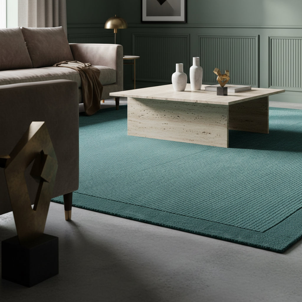 Moderner teal-farbener Teppich auf dunklem Parkett vor einer dunkelblauen Wand_
