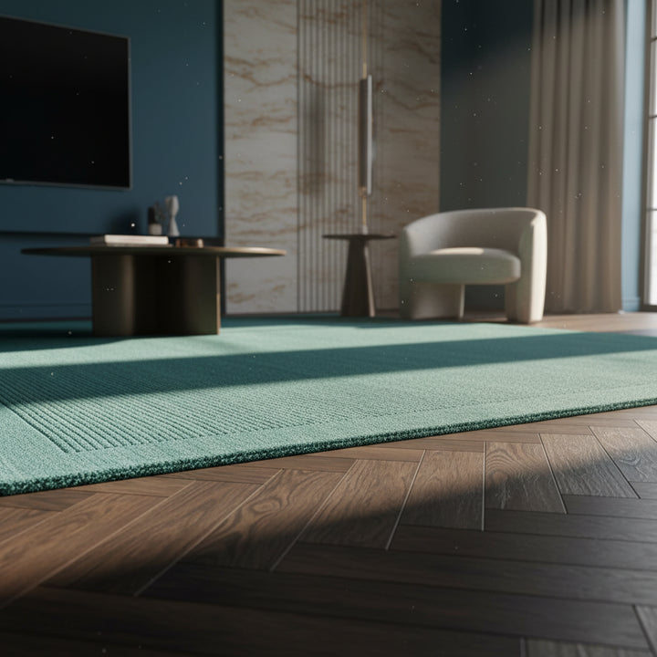 Moderner teal-farbener Teppich auf dunklem Parkett vor einer dunkelblauen Wand_