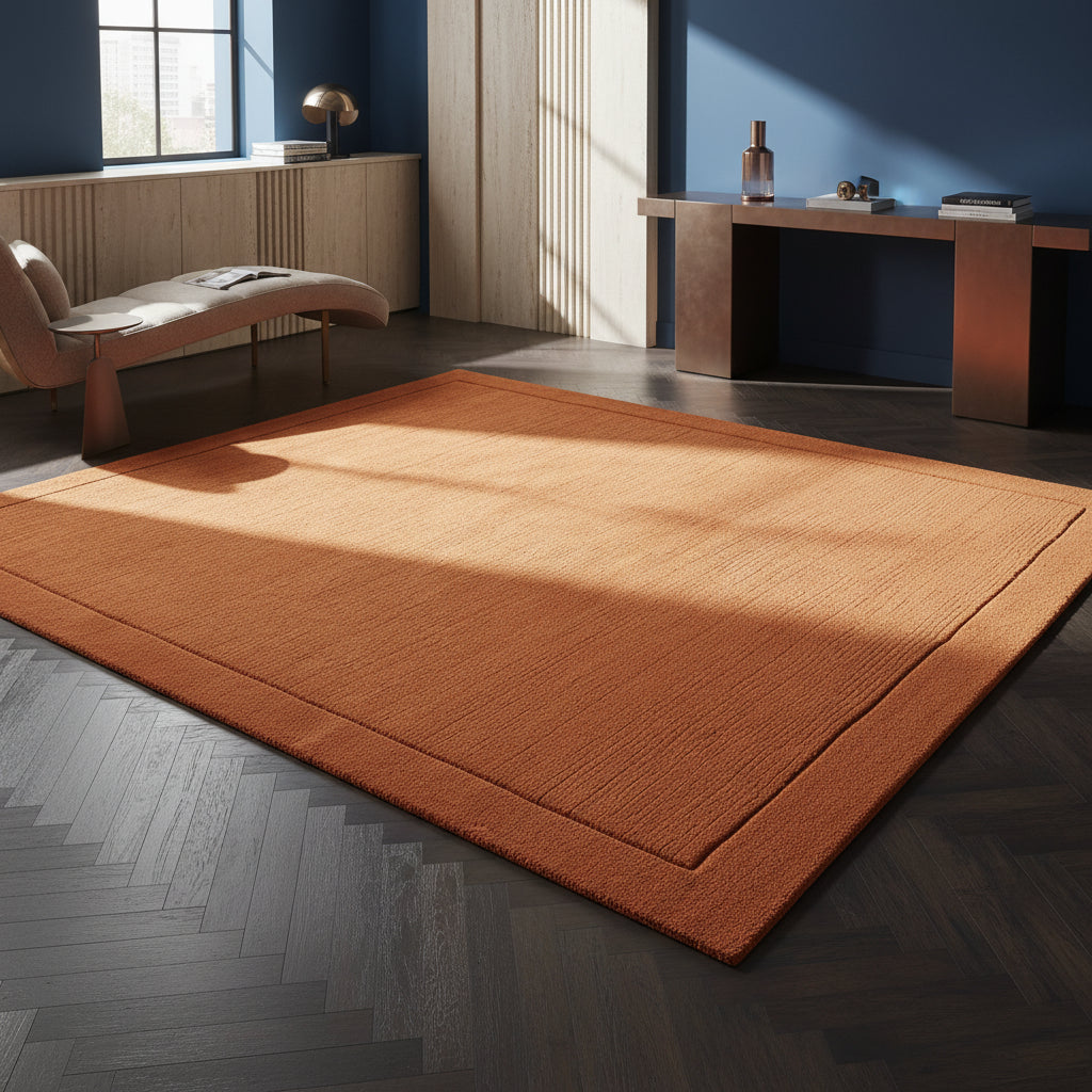 Nahaufnahme eines handgewebten terracottafarbenen Teppichs mit Rippenstruktur in einem luxuriösen Interieur_