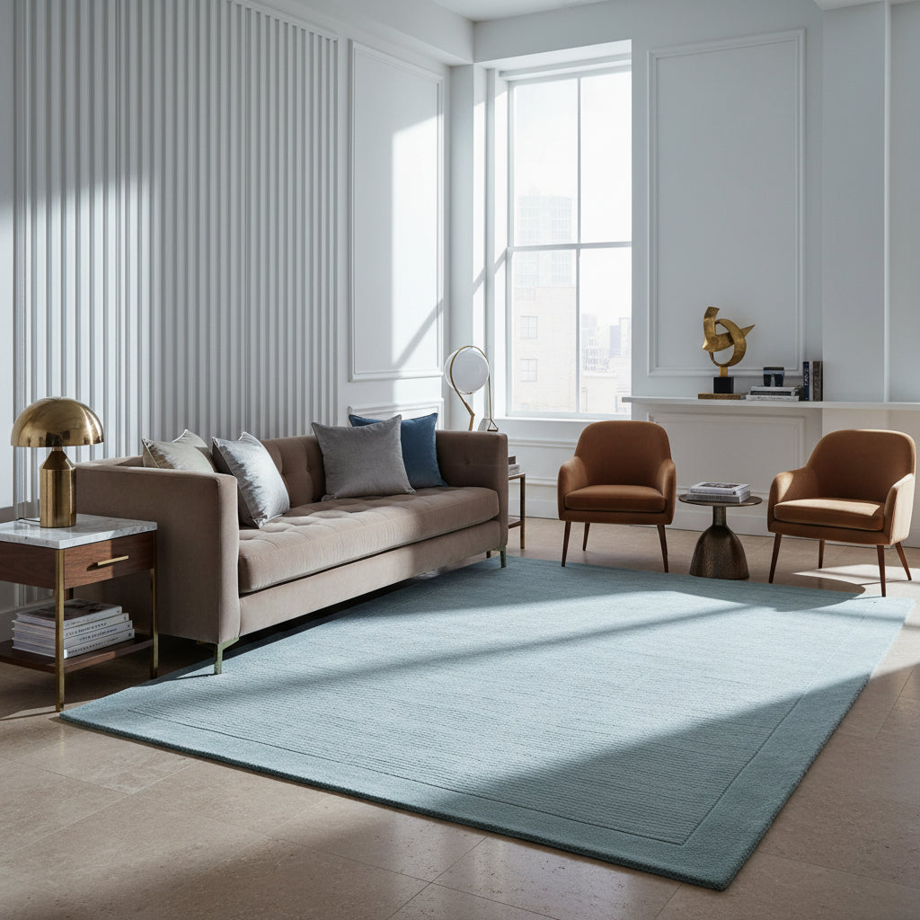 Nahaufnahme eines hellblauen strukturierten Teppichs auf dunklem Holzboden in einem edlen Raum_Kadima Design_