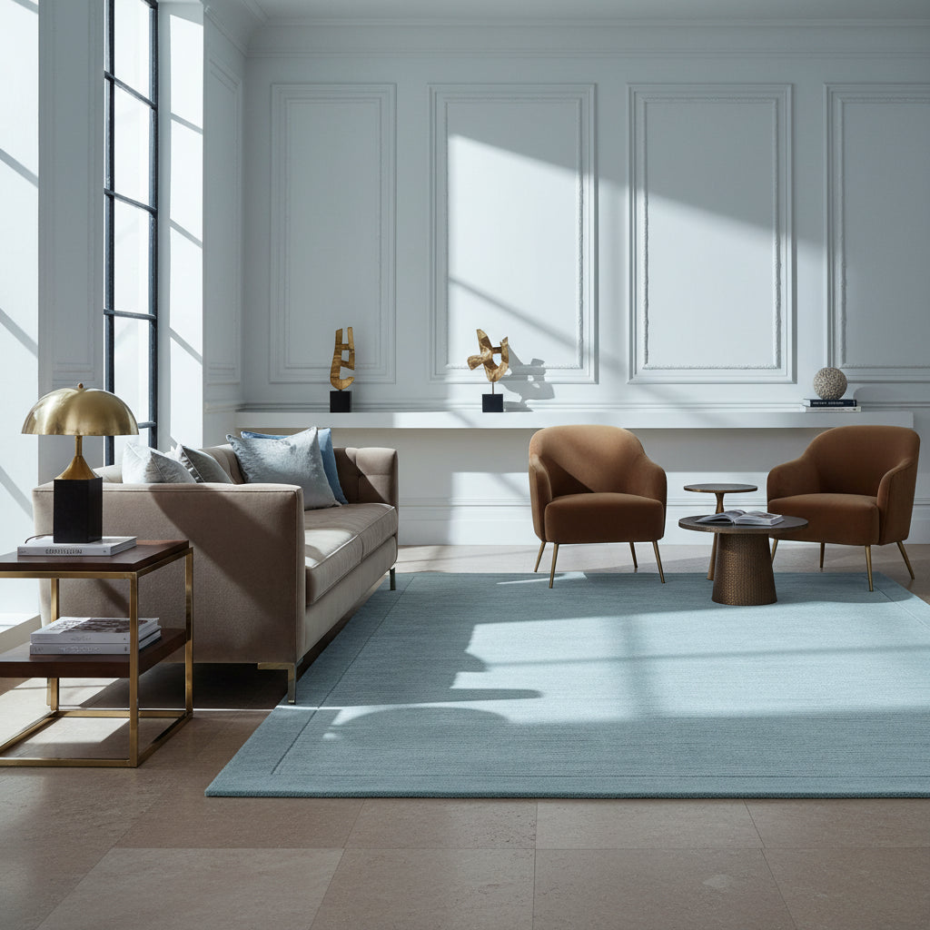 Nahaufnahme eines hellblauen strukturierten Teppichs auf dunklem Holzboden in einem edlen Raum_Kadima Design_