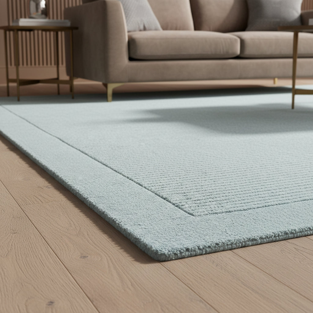 Nahaufnahme eines hellblauen strukturierten Teppichs auf dunklem Holzboden in einem edlen Raum_Kadima Design_