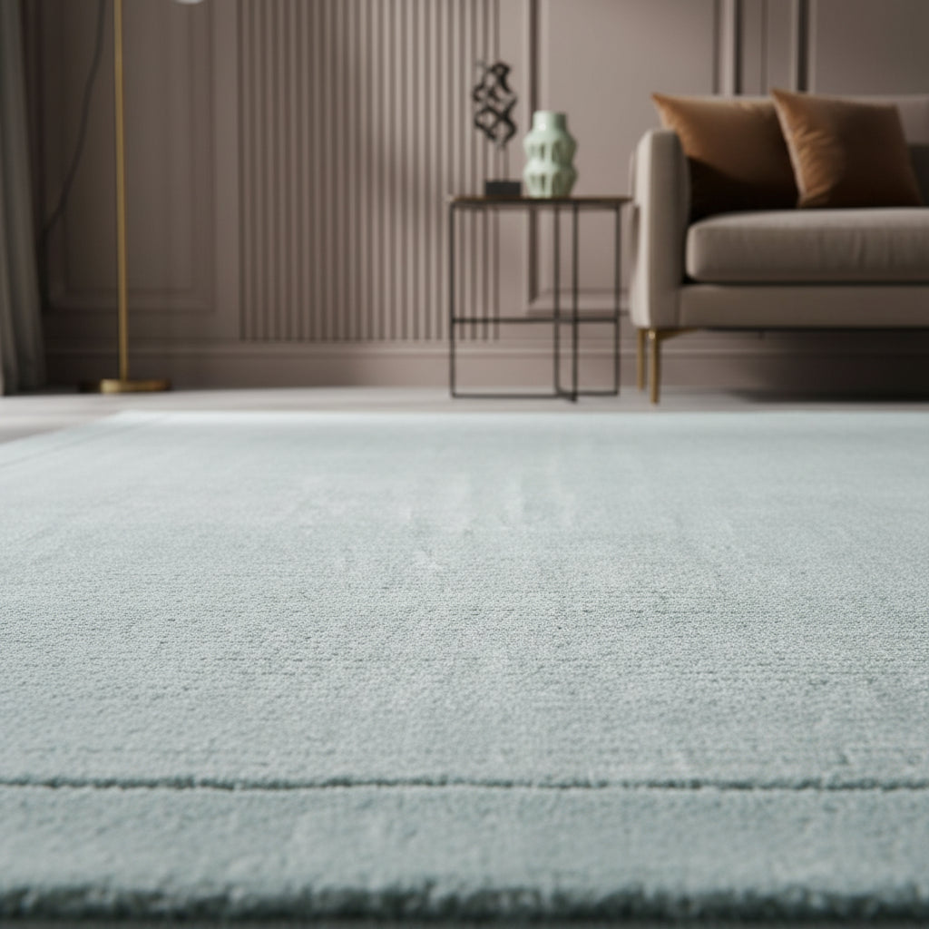 Ein luxuriöses Wohnzimmer mit dunklen Wänden, einem hellblauen Teppich und einem Travertin-Tisch_ Kadima Design_