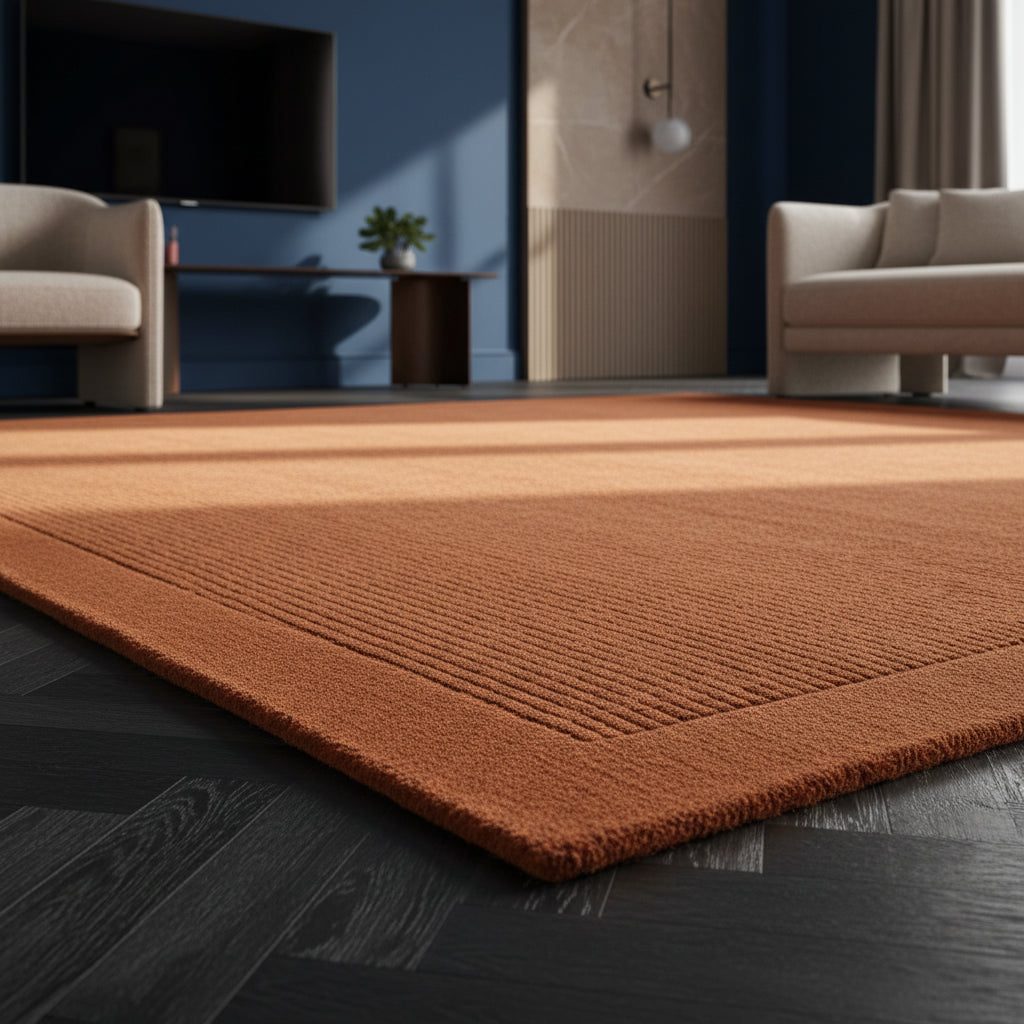 Nahaufnahme eines handgewebten terracottafarbenen Teppichs mit Rippenstruktur in einem luxuriösen Interieur_