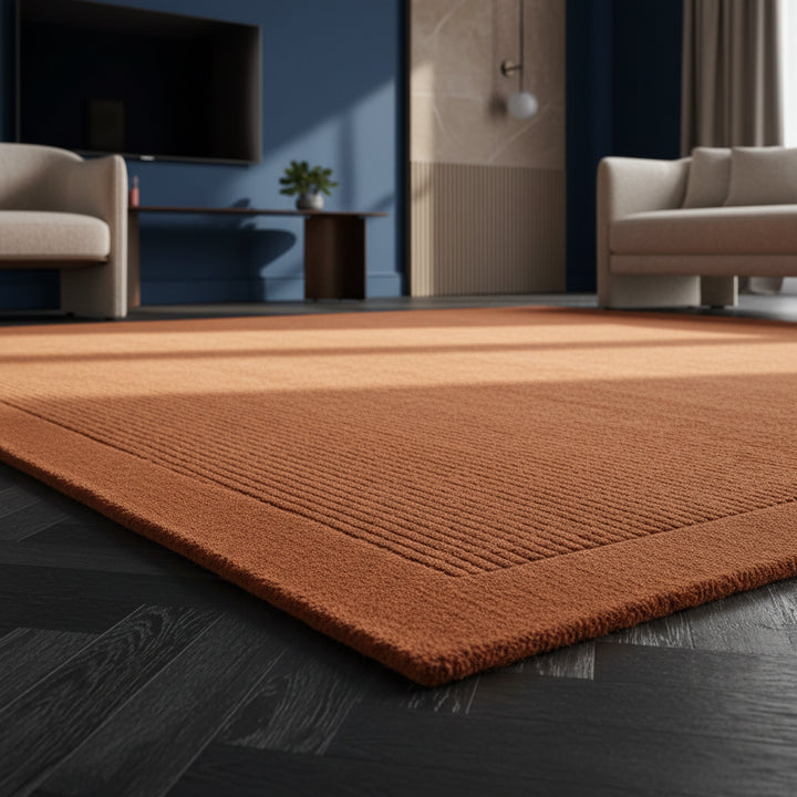 Nahaufnahme eines handgewebten terracottafarbenen Teppichs mit Rippenstruktur in einem luxuriösen Interieur_