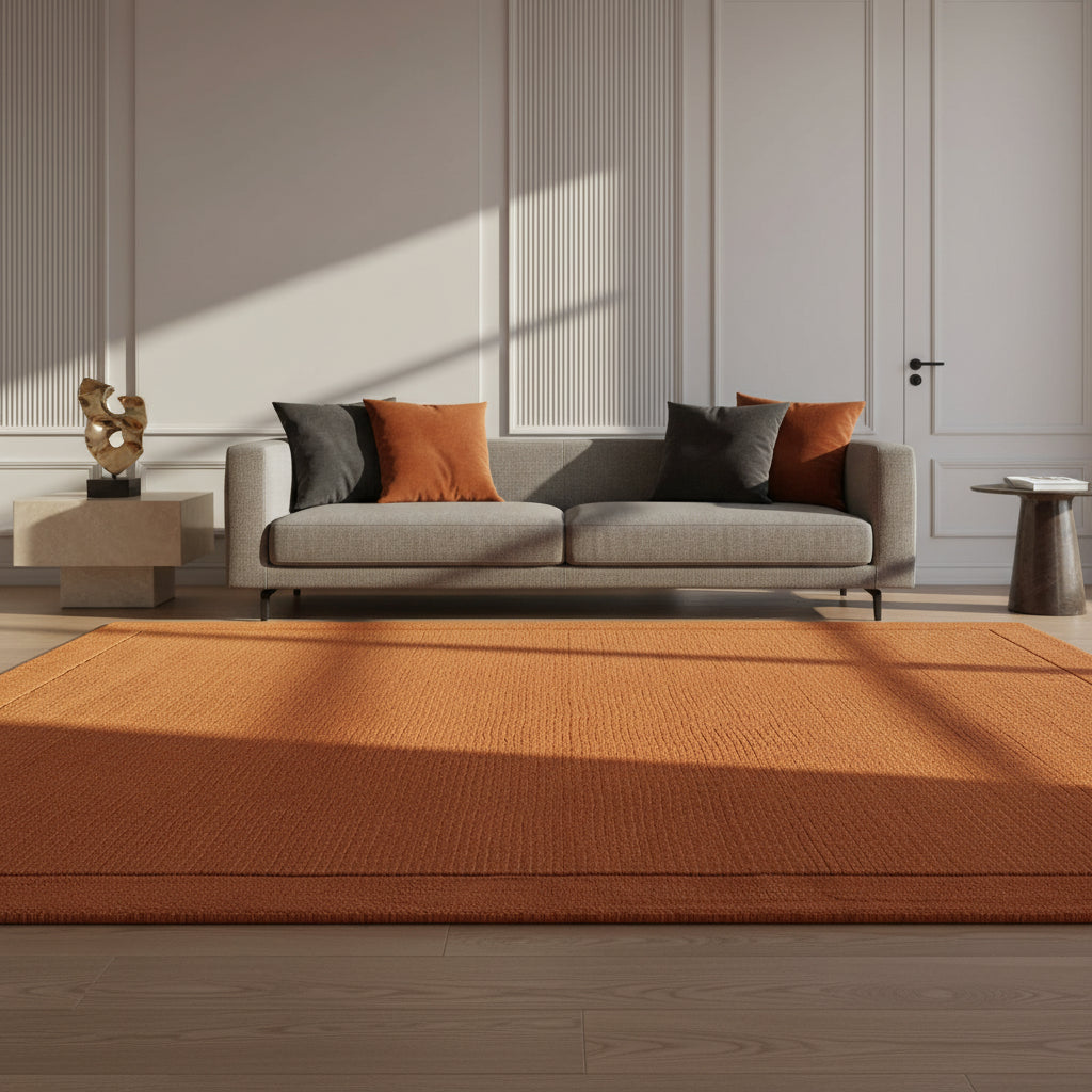 Nahaufnahme eines handgewebten terracottafarbenen Teppichs mit Rippenstruktur in einem luxuriösen Interieur