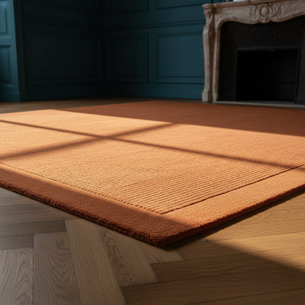 Nahaufnahme eines handgewebten terracottafarbenen Teppichs mit Rippenstruktur in einem luxuriösen Interieur_