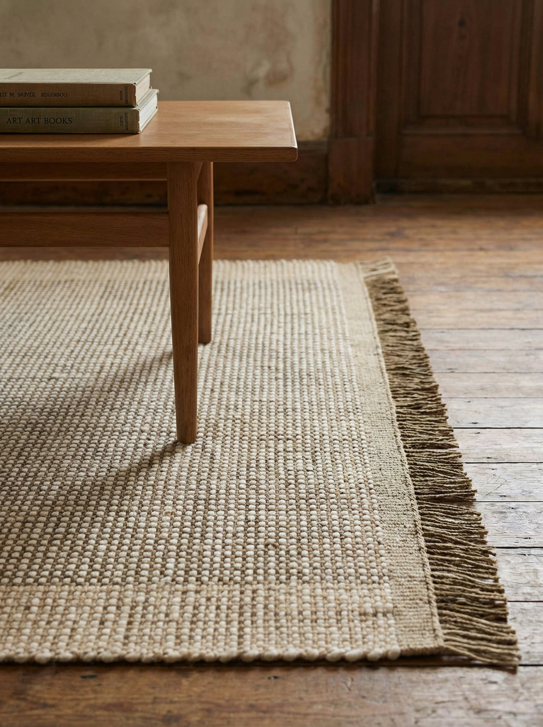 Wollteppich - Waldgrün - handgewebtes Korbmuster mit Fransen - klimaregulierend für gemütliche Wohnzimmer - Kadima Design_