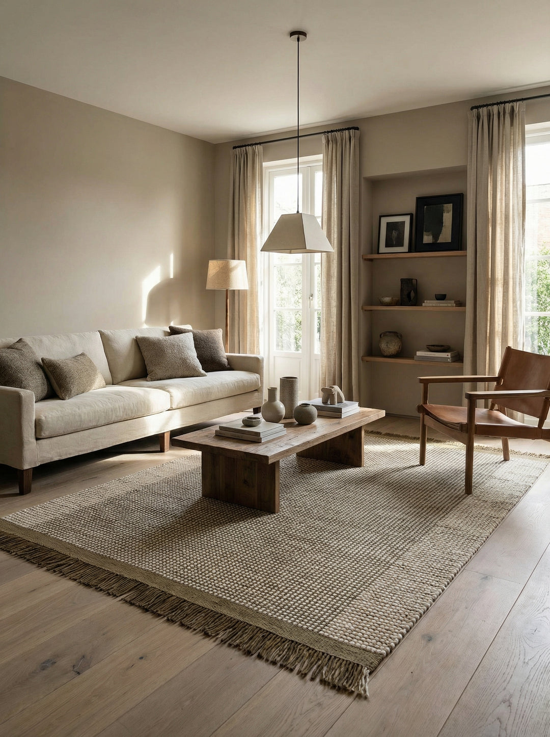 Wollteppich - Waldgrün - handgewebtes Korbmuster mit Fransen - klimaregulierend für gemütliche Wohnzimmer - Kadima Design_