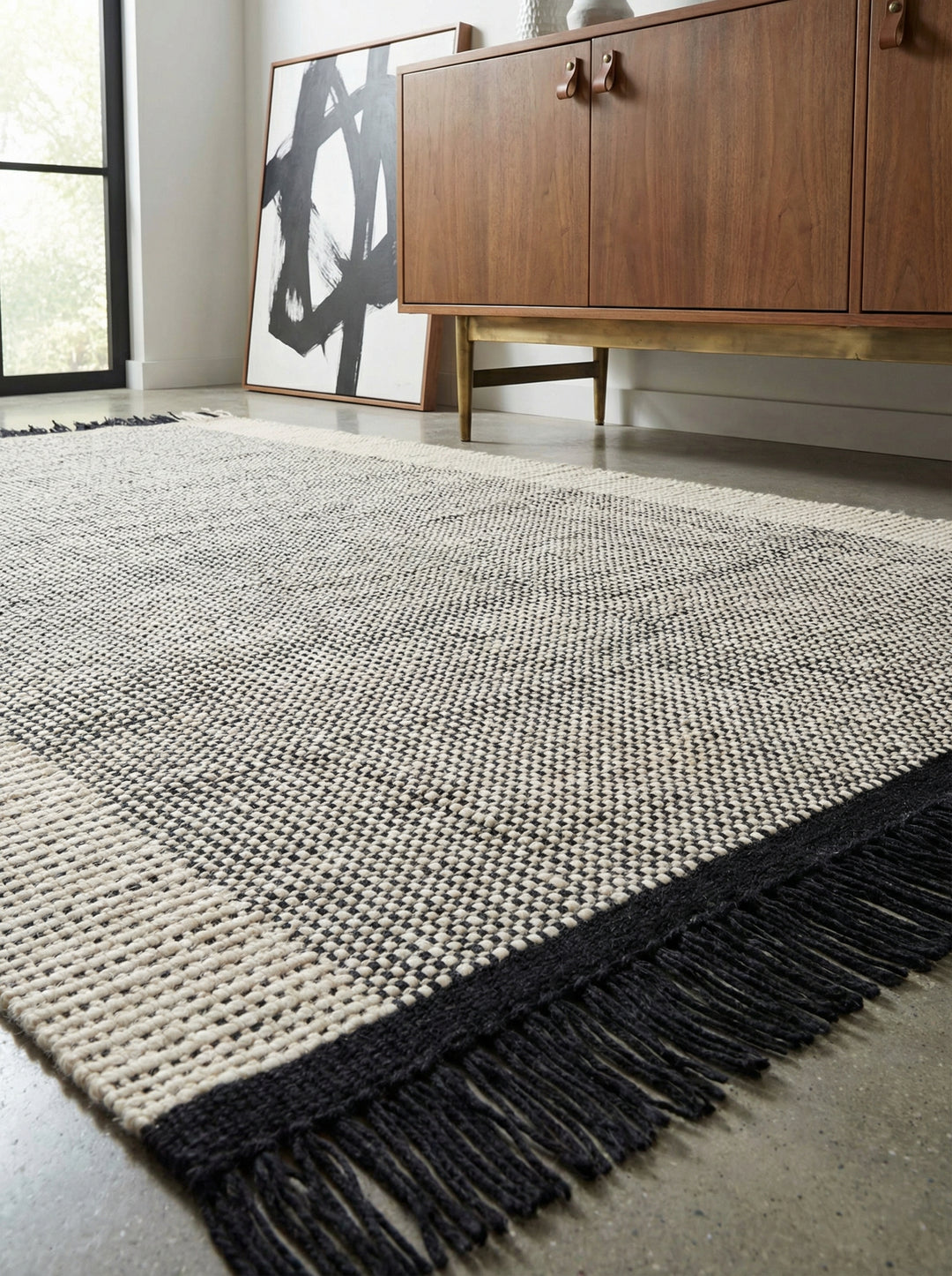 Wollteppich PISA handgewebt – Korbmuster_Fransen_Eleganter Komfort_