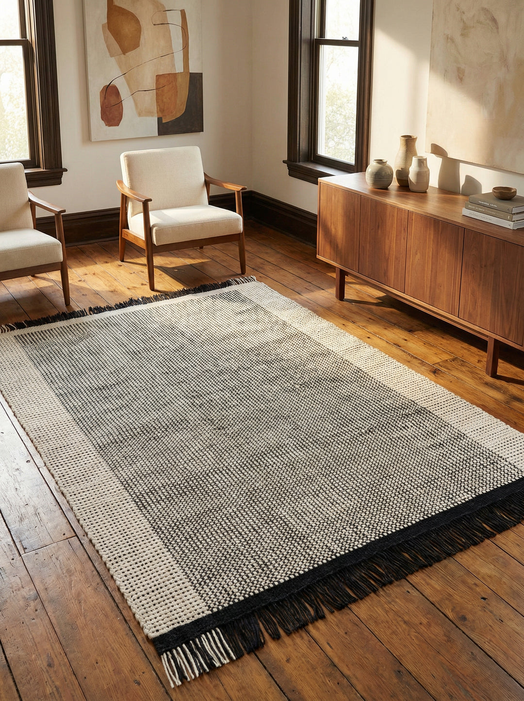 Wollteppich PISA handgewebt – Korbmuster_Fransen_Eleganter Komfort_