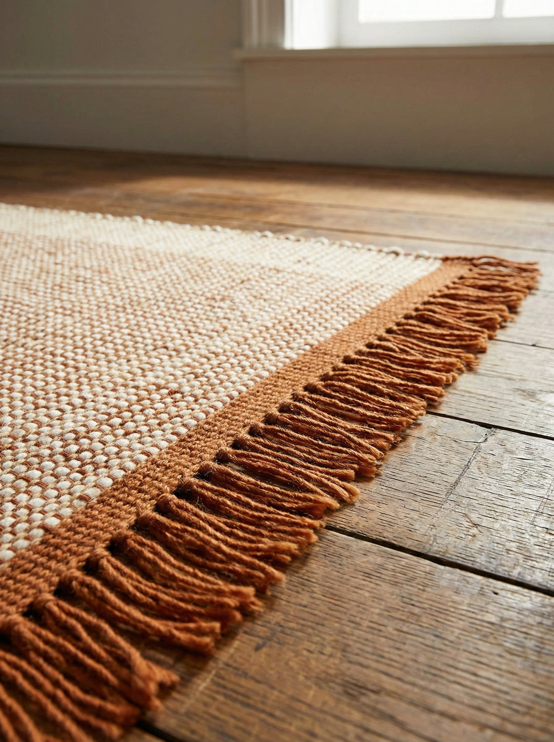 Wollteppich - Warmes Orange - handgewebtes Korbmuster mit Fransen - klimaregulierend für gemütliche Leseecken - Kadima Design_