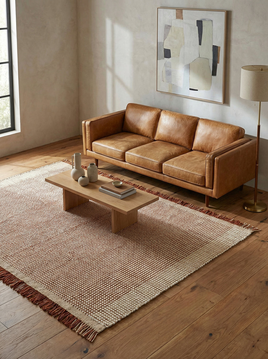 Wollteppich - Warmes Orange - handgewebtes Korbmuster mit Fransen - klimaregulierend für gemütliche Leseecken - Kadima Design_