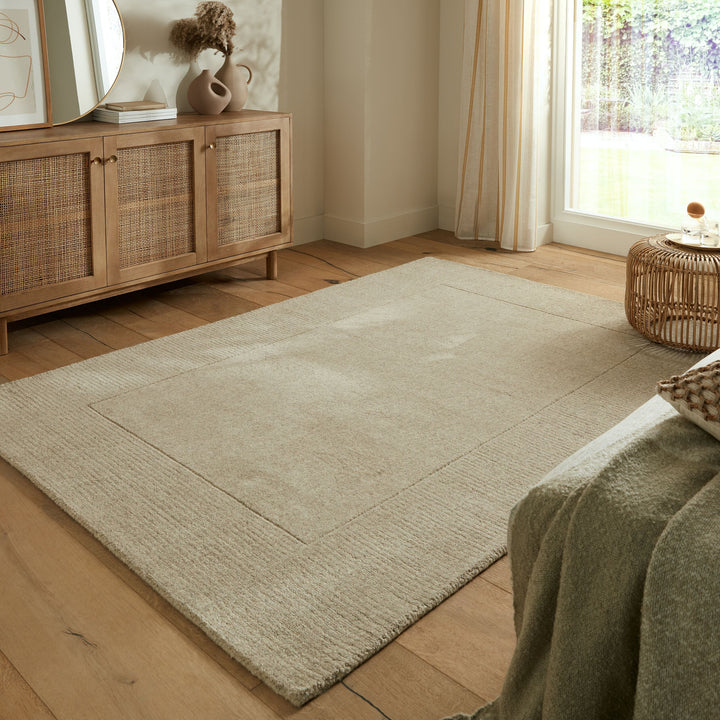Wollteppich Uni-Design mit Bordüre - rutschfest - 100% Wolle Teppich_Beige_Rechteckig_