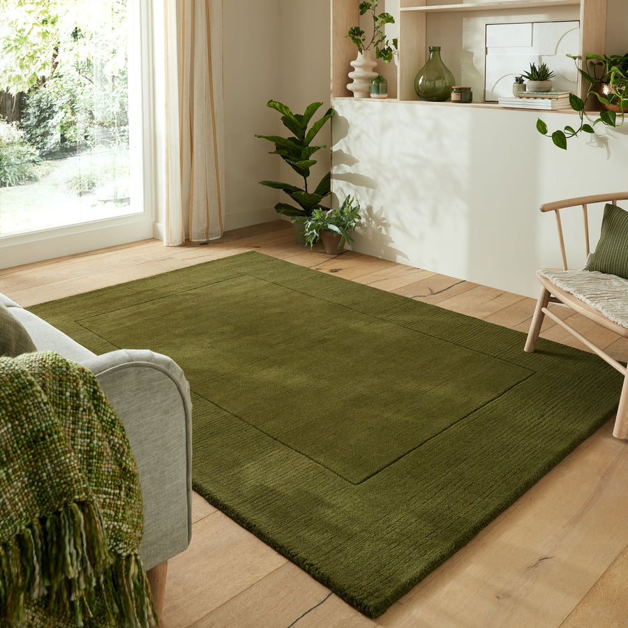 Wollteppich Uni-Design mit Bordüre - rutschfest - 100% Wolle Teppich_Grün_Rechteckig_