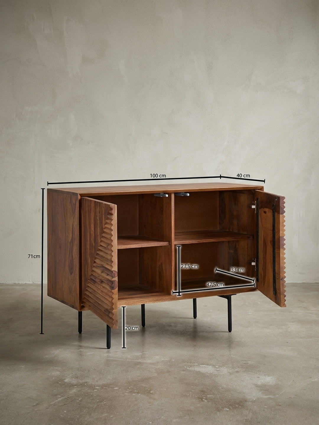 Technische Zeichnung des Sideboards mit exakten Maßangaben: Breite 100 cm, Höhe 71 cm, Tiefe 40 cm, zur einfachen Planung des Platzbedarfs im Wohn- oder Esszimmer._