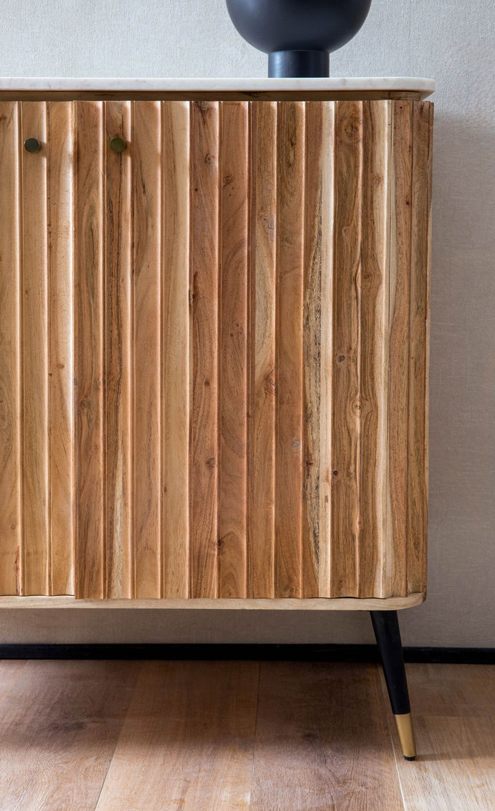 Hausbar Akazie Massivholz 95x90x41 cm Marmorplatte Weinregal Türen Modern Skandinavisch