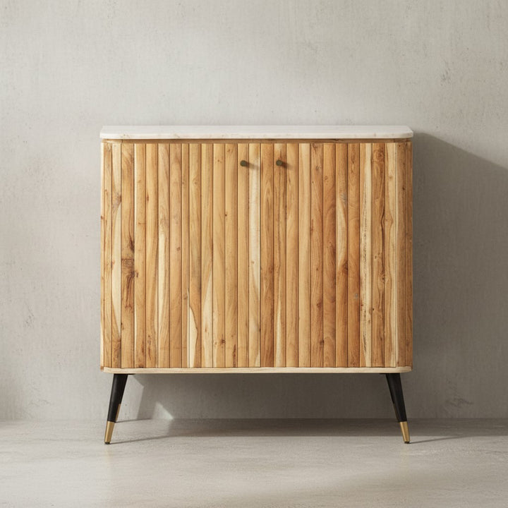 Hausbar Akazie Massivholz 95x90x41 cm Weinbar Echter Marmor - Kleine Bar Modern - Barschrank mit Türen und Weinregal - Spirituosenschrank mit Aufbewahrung für Flaschen und Gläser_