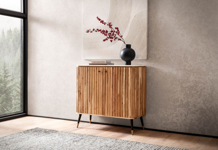 Hausbar Akazie Massivholz 95x90x41 cm Marmorplatte Weinregal Türen Modern Skandinavisch