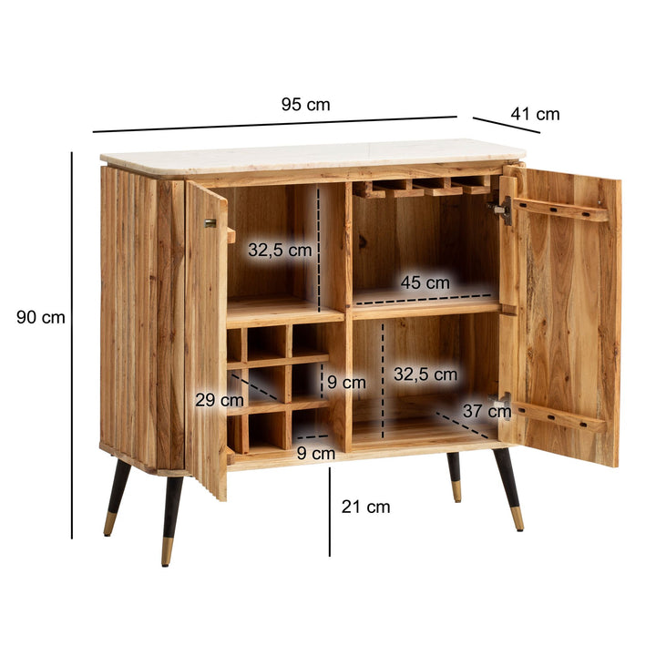 Hausbar Akazie Massivholz 95x90x41 cm Marmorplatte Weinregal Türen Modern Skandinavisch