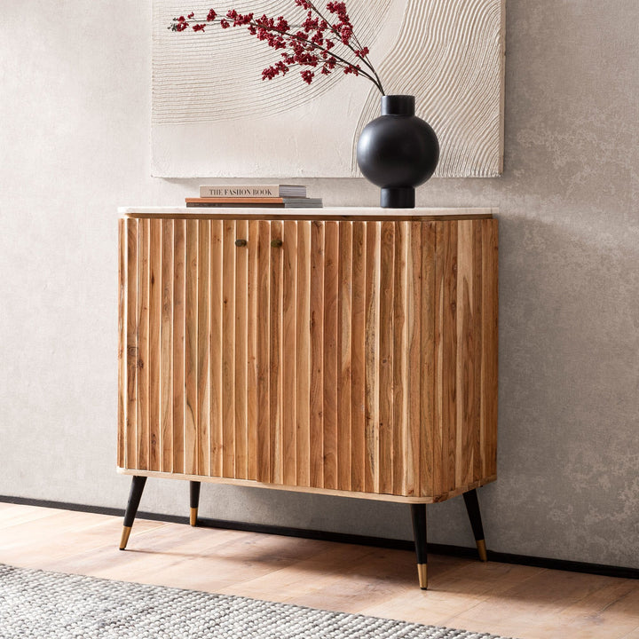 Hausbar Akazie Massivholz 95x90x41 cm Marmorplatte Weinregal Türen Modern Skandinavisch