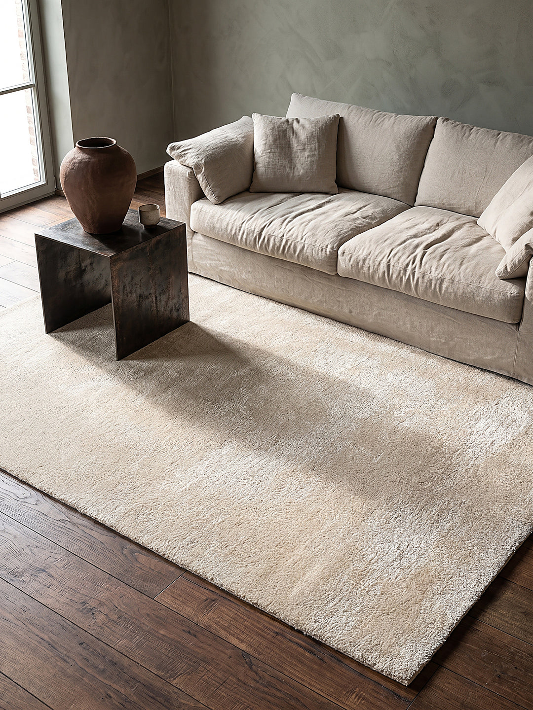Teppich Beige quadratisch gemütliche Wohnszene_