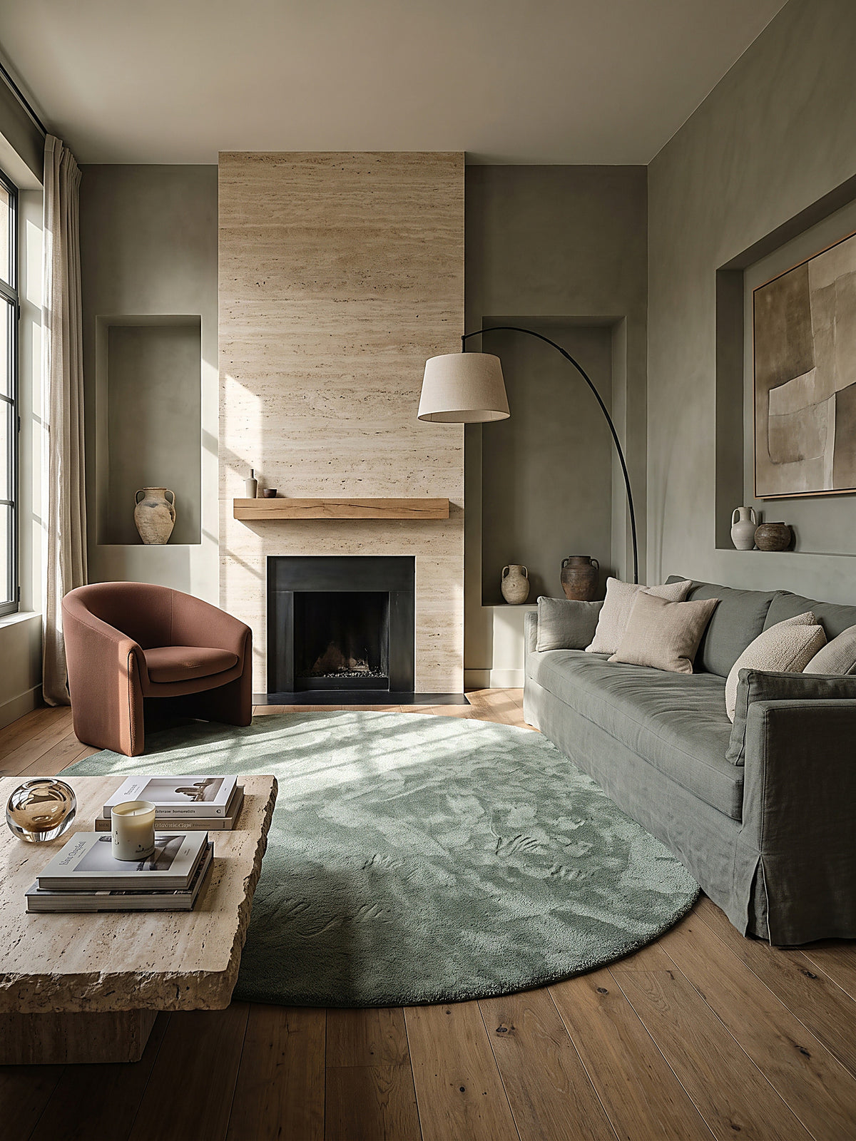 Teppich Grün rund im modernen Wohnzimmer_