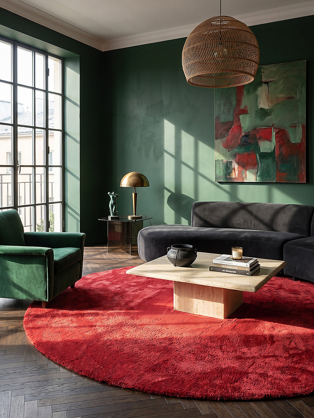 Teppich Rot rund im modernen Wohnzimmer_