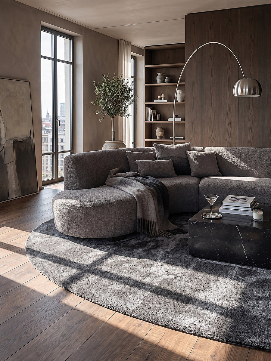 Teppich Anthrazit oval im modernen Wohnzimmer_