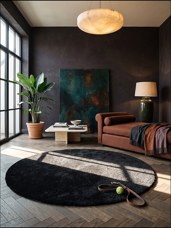 Teppich Schwarz rund im modernen Wohnzimmer_