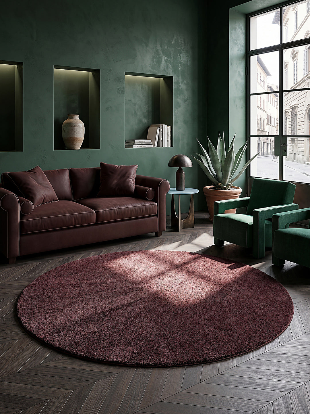 Teppich Bordeauxrot rund Editorial Styling_