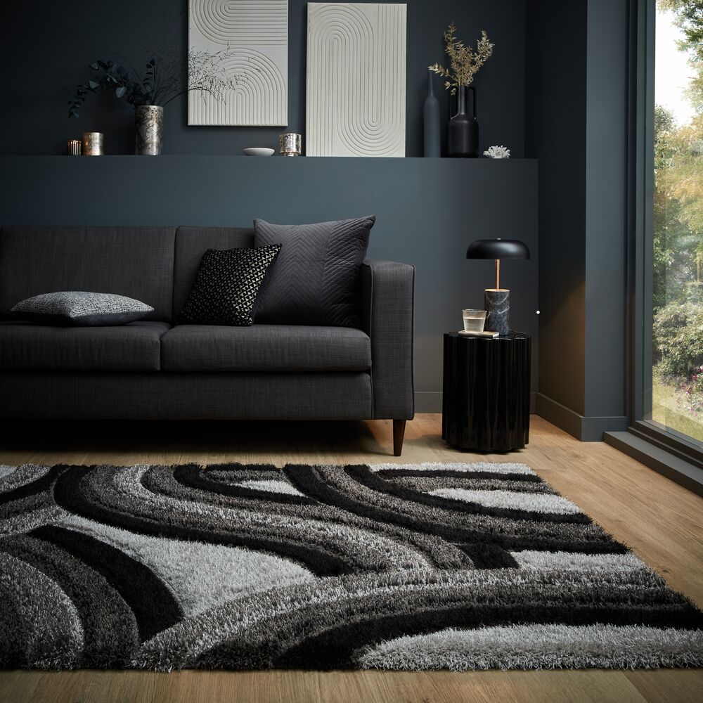 Hochflor-Teppich aus recyceltem Polyester - handgeschnitzt_Grau-Schwarz_Rechteckig_