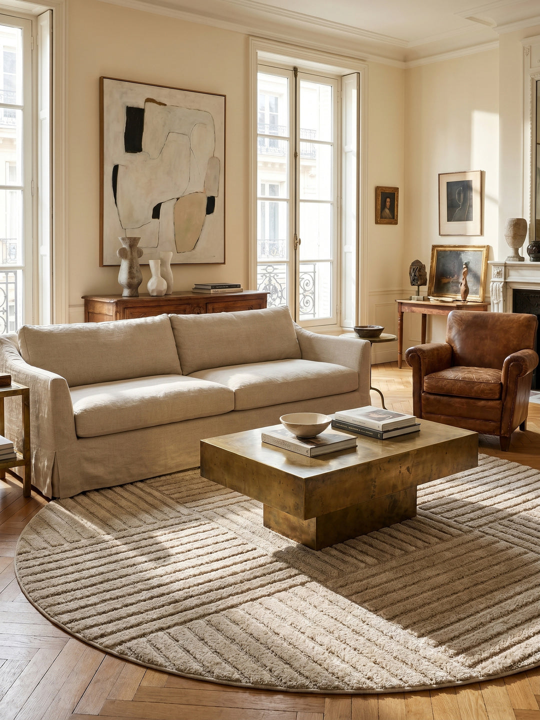 Teppich Beige rund Kante Rückseite_
