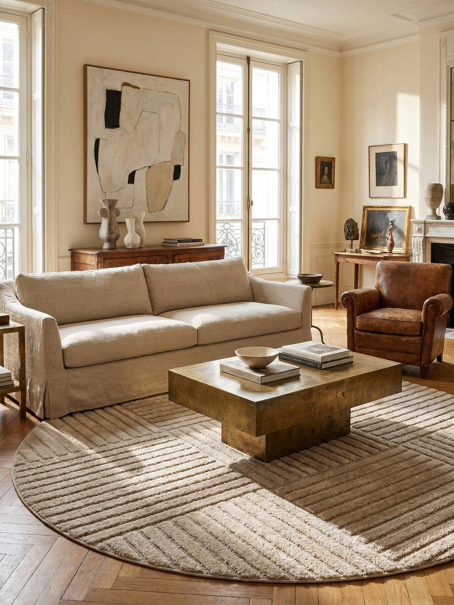 Teppich Beige rund Kante Rückseite_