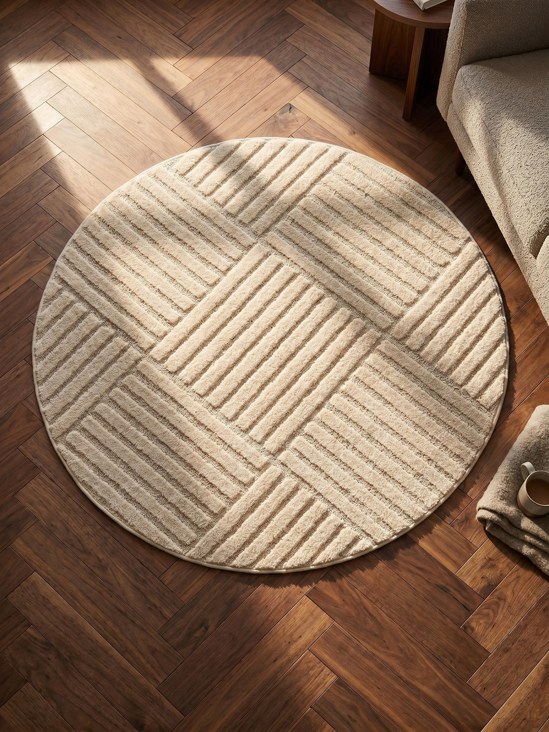 Teppich Creme rund Muster Draufsicht_