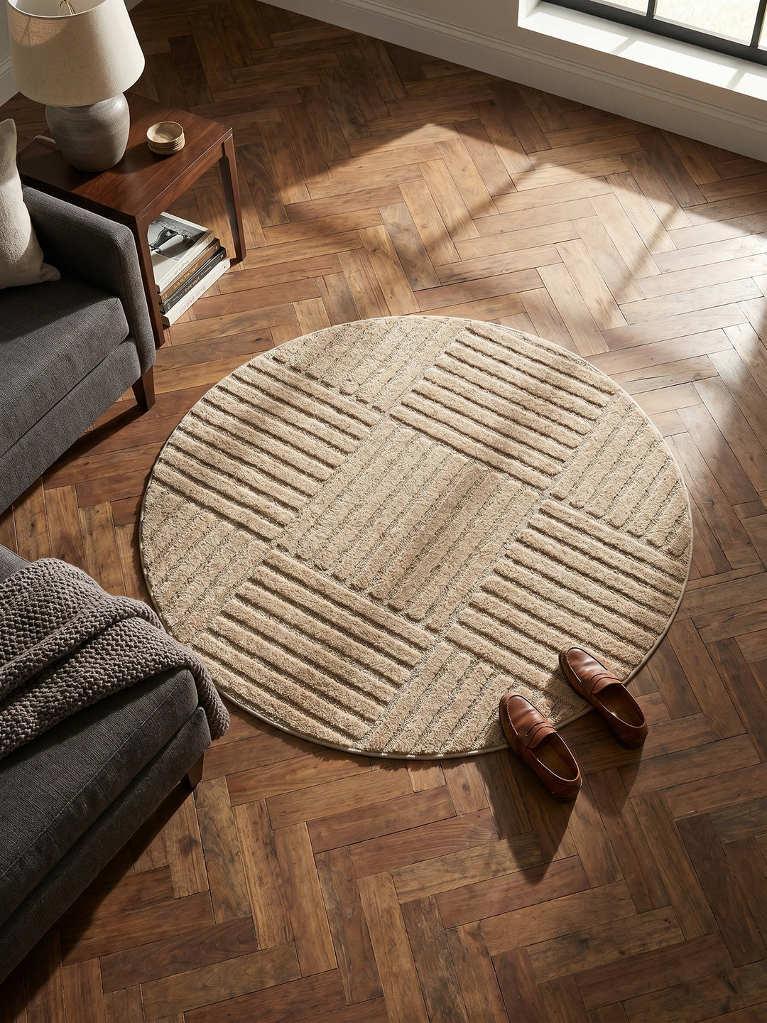Teppich Beige rund Muster Draufsicht_
