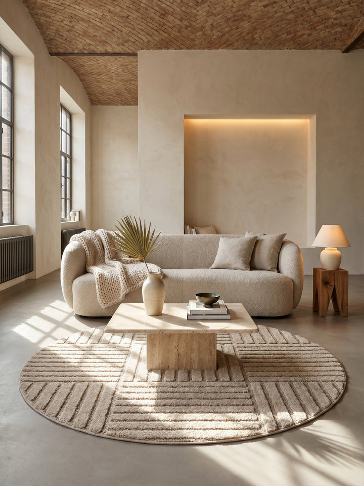Teppich Beige rund im Wohnzimmer Einrichtungsidee_