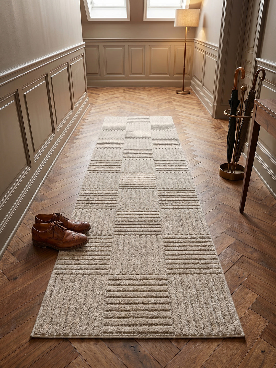Teppich Beige Läufer Muster Draufsicht_