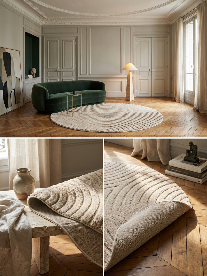 Teppich Beige rund Wohnaccessoire Deko_